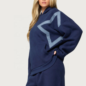 Custom Logo <strong>Women's</strong> <strong>Navy</strong> Blue Oversized <strong>Hoodie</strong> With Star Patch Design Casual Street Wear Pullover Sweatshirt - Product Image 5