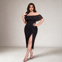 Robe fourreau sexy en jersey pour femme grande taille, mi-mollet, épaules dénudées, manches courtes, à volants, avec fermeture éclair, taille froncée et ourlet fendu