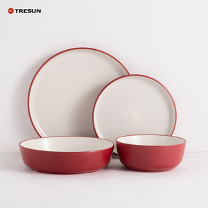 Service de table en grès céramique bicolore, qualité hôtelière et restauration, fabrication chinoise de catégorie C, ensemble de bols et assiettes rouges et blancs. - Product Image 2