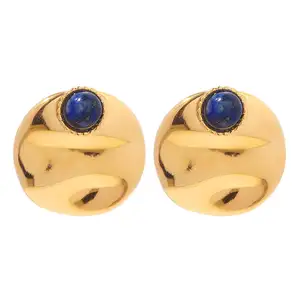 Boucles d'oreilles délicates en forme ovale incrustées de lapis en acier inoxydable imperméable à l'eau Boucles d'oreilles plaquées or 18 carats