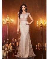 Robe de soirée formelle pour femme, col bateau, avec superposition en maille ornée de fausses perles et de paillettes, manches courtes, ourlet sirène, couleur unie, collection Printemps