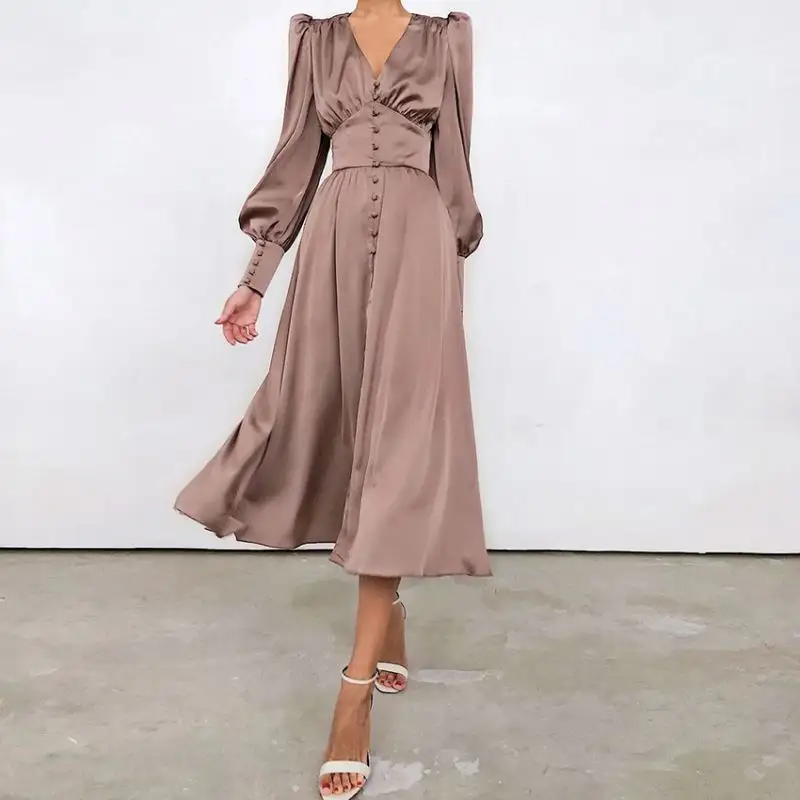 Ladies Ruched Women V-neck Party Pleated Puff Sleeve Spring Autumn Casual Satin Long Elegant Dresses Long Sleeve Satin Dress