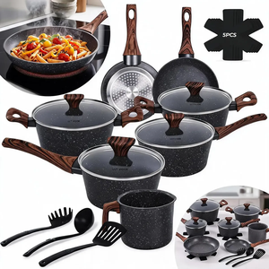 Ensemble de casseroles et poêles de haute qualité avec poignées en bois doux au toucher, revêtement céramique noir antiadhésif, en aluminium forgé - Product Image 1
