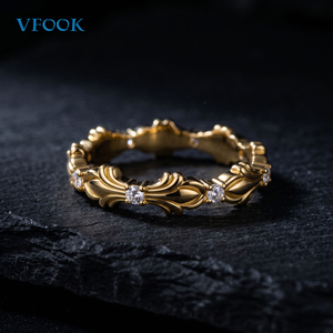 VFOOK Jewelry Boho Style CZ Setting Women Band <strong>Ring</strong> Durable 14K <strong>Gold</strong> Plated 925 Silver <strong>Ring</strong> for <strong>Ladies</strong> - Product Image 1