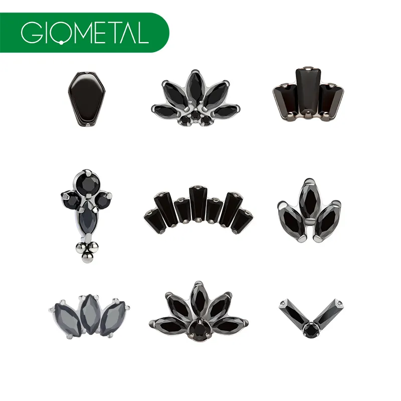 Brincos piercing Giometal ASTM F136 Titanium Flor Preta Cristal CZ Extremidades Rosca Daith Helix Tragus Fábrica de joias corporais