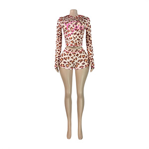 Ensemble de shorts deux pièces pour femmes, printemps, manches longues, imprimé léopard rayé, haut à fermeture éclair à capuche, shorts <span class=keywords><strong>sexy</strong></span>, tenue pour femmes - Product Image 3