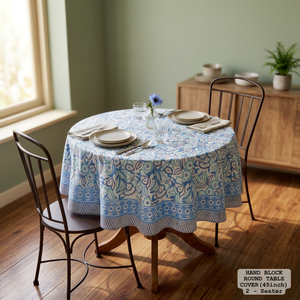 Ethnic Hand Block Printed Round <b>Table</b> <b>Cover</b> 45inch Cotton Linen Floral Design Washable Traditional Chinese Style - Product Image 3