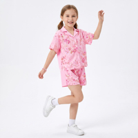 Conjunto de Dos Piezas para Niñas de Poliéster/Algodón, Camisa de Manga Corta con Estampado Floral Cubano y Pantalones Cortos, Diseño Personalizable, Antiencogimiento, Alta Calidad