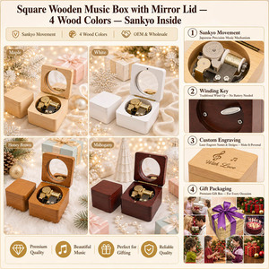 Boîte à <span class=keywords><strong>musique</strong></span> avec couvercle miroir rotatif, mélodie personnalisée, manivelle manuelle, Sankyo 18 notes, en bois, <span class=keywords><strong>cadeau</strong></span>, OEM, vente en gros - Product Image 2
