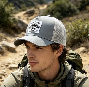 Custom Vintage Patch Trucker Hat <b>Grey</b> 5 Panel Mesh Back <b>Baseball</b> <b>Cap</b> Unisex Embroidery Trucker <b>Cap</b> with Adjustable Snapback - Product Image 5