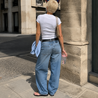 Jeans de mujer de tiro medio, pierna ancha, transpirables, con lavado vintage, corte holgado y recto, casuales, de mezclilla, con elastano/algodón, fabricación personalizada, muestra OEM