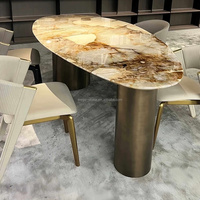 Ensemble de table à manger en marbre ovale naturel de luxe au design européen, pieds en acier inoxydable, taille personnalisable, salle à manger moderne, villa
