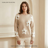 Manteau Pull Femme Tendance Automne Hiver Décontracté à Motif Floral Couleurs Contrastées Tricoté Manches Classiques Anti-Plis Respirant