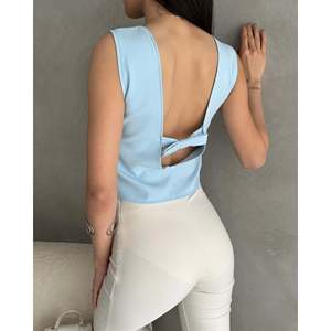 DEFILE Women's Sleeveless Backless <b>Crop</b> Blouse, Stylish Baby <b>Blue</b> Polyester Lycra Blend <b>Top</b> for Summer Casual Wear - Product Image 1