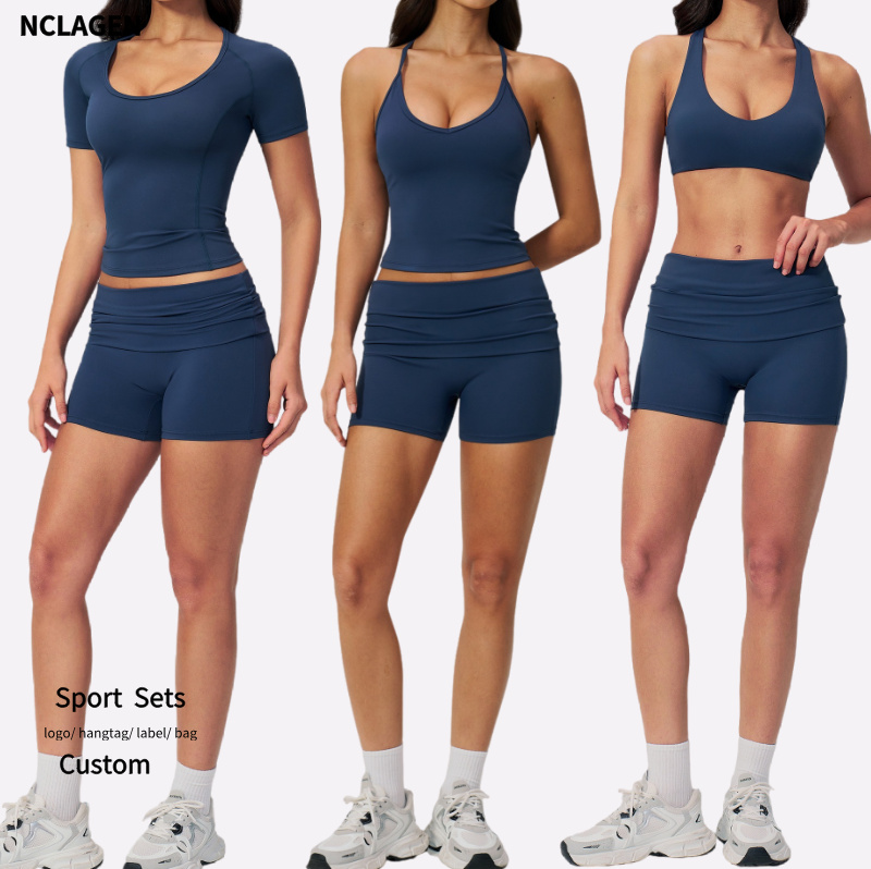 Women Athletic Wear Cross Back Yoga Top Slim Fit Short Sleeve Tshirt Quick Dry Fold Waist Design Gym Shorts Fitness Workout Set