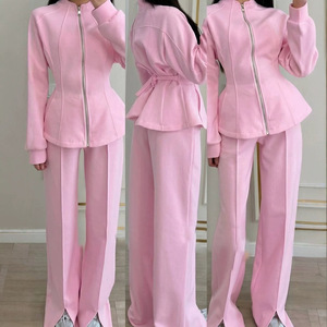 Conjunto de Dos Piezas de Manga Larga para <span class=keywords><strong>Mujer</strong></span> en Rosa, Azul, Beige, Amarillo y <span class=keywords><strong>Gris</strong></span>, con Hombros Descubiertos, Pantalones de Corte en A y Diseño de Color Sólido, Suave - Product Image 5