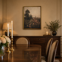 Peinture sur toile encadrée grand format, paysage tonaliste de jardin de roses vintage, art mural moderne décoratif de luxe doré pour chambre à coucher