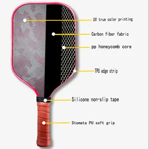 Paleta Kvlar Pickleball de fibra de carbono termoformada de potencia de 16mm de espesor personalizada de textura mate roja Kvlar