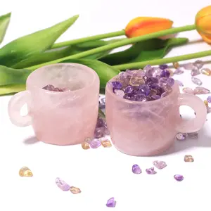 Wholesale Natural Rose Quartz Cup Healing Stone Hand Carved Crystal Cup Carving For Folk Crafts Gift