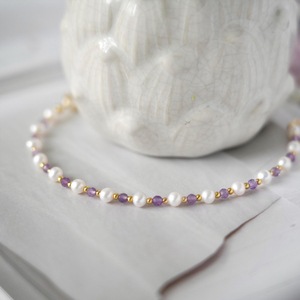 Braccialetto con Perle Barocche <span class=keywords><strong>e</strong></span> <span class=keywords><strong>Ametista</strong></span>, Regalo per la Mamma, Delicato <span class=keywords><strong>Bracciale</strong></span> Impilabile in Acciaio Inossidabile Placcato <span class=keywords><strong>Oro</strong></span> 18K per Donne - Product Image 5