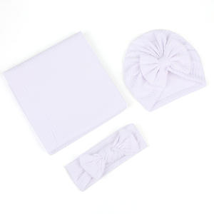 Waffle Knit <strong>Baby</strong> Swaddle Set t with Matching Hat &amp; <strong>Headband</strong>, Lightweight Breathable Newborn Swaddling Blanket Gift Set - Product Image 5