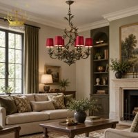 Lustre vintage en fer forgé avec abat-jour en tissu rouge, motif de branches botaniques, luminaire suspendu décoratif pour villa, salon, restaurant