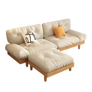 Sofá en Forma de L de Madera Maciza Estilo Japonés Minimalista, Tapizado en Tela con Relleno de Plumón, Color Crema, Muebles de Madera Natural para Sala de Estar - Product Image 1