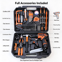 Kit d'outils de perçage sans fil au lithium 51 pièces avec pistolet à colle chaude et scie à main, boîte à outils multifonctionnelle pour l'entretien domestique
