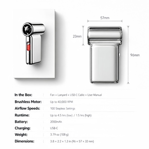 Ventilador de Mano Portátil Ultraligero de 2000 mAh, Superventas, 100 Velocidades, Pantalla LED, Carga Rápida Tipo C, para Uso en Exteriores - Product Image 6