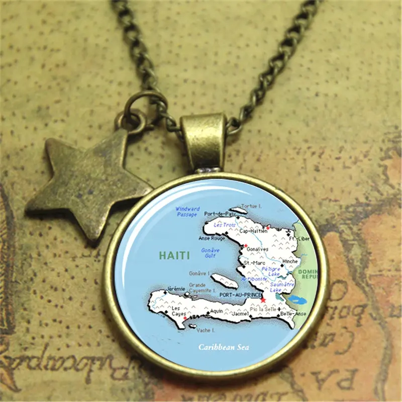 Mappa di Haiti pentagramma Collana Del Pendente della collana Dei Monili Viaggi Vetro della Foto Della Collana Cabochon