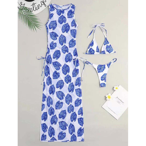 Nieuw Binnen Sexy Driedelige Badpak Tweedelige Bikini Met Cover-Up Blauwe Kleur Bloemenprint Badmode - Product Image 5