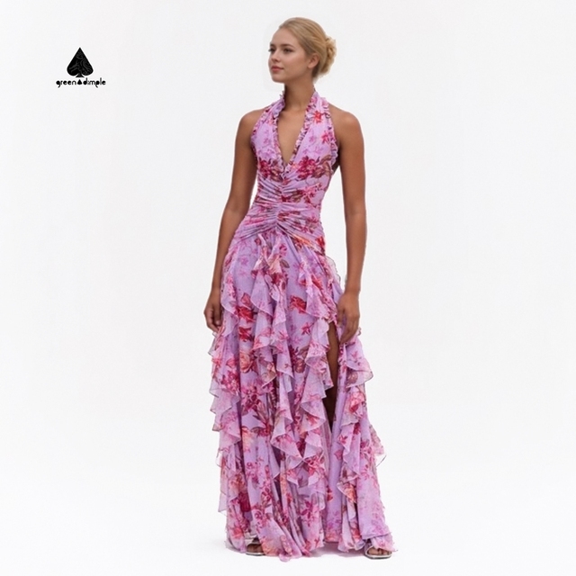 Women's Summer Halter Neck Floral Ruffle Split Elegant Dress Maxi Casual Dresses Backless Slit Beach Holiday Party Long Gown