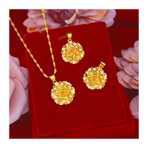 Women's Trendy Korean Fashion Placer Gold Peony Pendant Necklace Sandblast Flower Pendant Gift for Female Wholesale