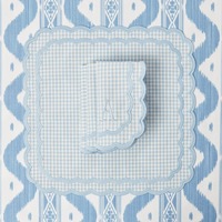 Nappes de table et sets de table modernes en coton et lin faits à la main, brodées de logo monogrammé bleu, à bords festonnés, pour mariage, vente en gros