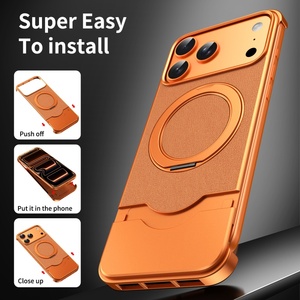 เคสแม่เหล็กไร้ขอบอะลูมิเนียมสำหรับธุรกิจ สำหรับ iPhone 17 15 16 Pro Max พร้อมขาตั้งวงแหวน 360 องศา แผงหลังหนัง PU ป้องกันการกระแทก - Product Image 4