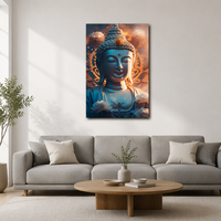 Tableau mural sur toile Statue Bouddha Zen, Peinture Bouddha bleu et or avec fleurs de lotus pour la décoration de salle de méditation, yoga, spa, chambre