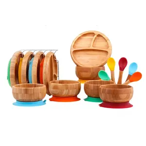 Eco-Friendly Organic Wood Baby Dish Eating Feeding Utensils Set Moso Bamboo Baby Toddler Bowl Suction Plates Kids Cutlery Set