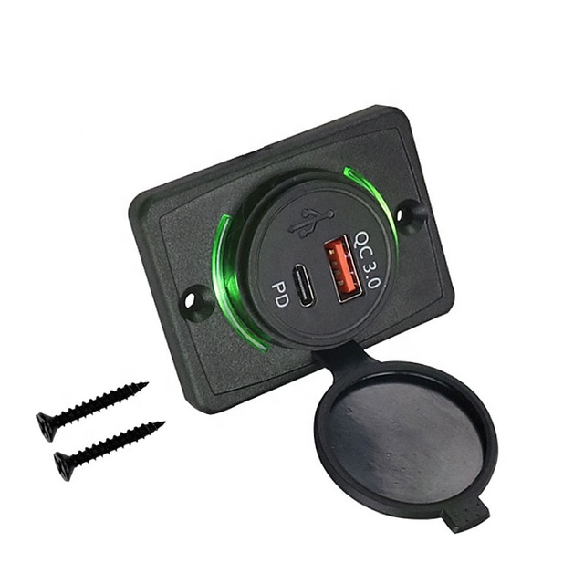Panel Mount Dual Port Type-C Fast Charger with QC3.0 12-24V for Marine/Boat/Car/Bus Seat-Fireproof Material & Colorful Lights