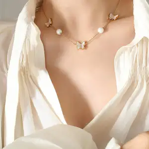 Collana a farfalla moda 2023 in acciaio inox, delinoso, oro reale placcato, collana di perle, collana di perle da donna