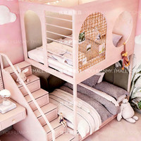 Lit superposé rose clair pour deux filles, style princesse, double étage avec rangement, escalier, armoire, cabane, lit mezzanine pour enfants, chambre individuelle