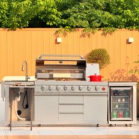 Cuisine extérieure de luxe moderne en acier inoxydable, barbecue à gaz, réfrigérateur, évier, GPL/GN, 8 brûleurs infrarouges réglables et pliables