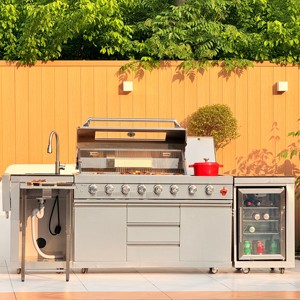 Cuisine extérieure de luxe moderne en acier inoxydable, barbecue à gaz, réfrigérateur, évier, GPL/GN, 8 brûleurs infrarouges réglables et pliables - Product Image 5