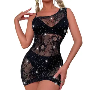 Chic Sexy Shiny Diamond Perspective Erotic Lingerie Printed One Shoulder Sleeveless Warp Dress