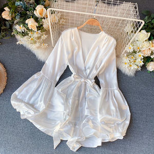 Nuovo stile primavera <span class=keywords><strong>donna</strong></span> francese abito Vintage da <span class=keywords><strong>donna</strong></span> elegante da sera primavera scollo a V manica sottile con volant abiti da vacanza - Product Image 5