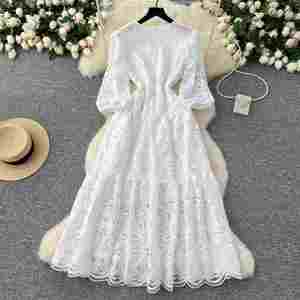 Vestido Midi Casual Vintage de Invierno 2024 para Mujer, Vestido de Encaje con Mangas Farol y Escote Redondo, Color Blanco - Product Image 4