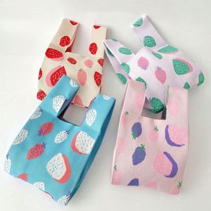 New Designer Waterproof Polyester Knitted Tote Bag Mini Wrist <b>Purse</b> <b>Cute</b> Strawberry Girls Handbag with Zipper Closure - Product Image 4