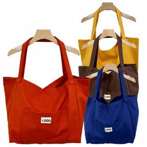Sacs fourre-tout en toile avec logo personnalisé, grande capacité, sac de shopping en toile, couleur unie, pliable, en coton, simple, avec poche, sac à bandoulière - Product Image 1