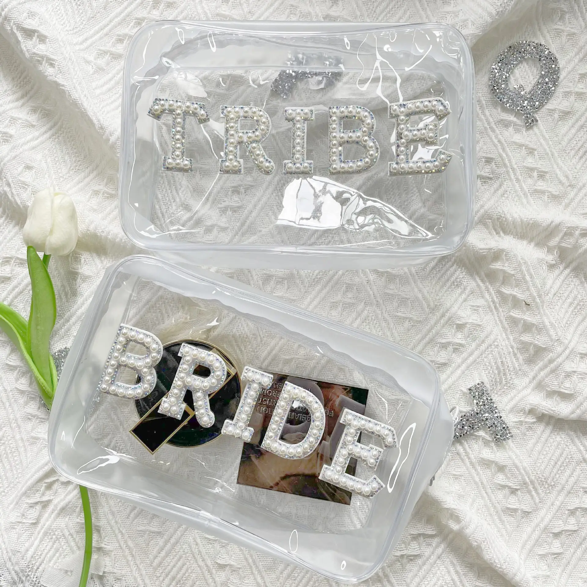 Viagem impermeável Cosmetic Toiletry Bag Pearl Letter Patch Clear PVC Maquiagem Bag Bridal Gift Clear Cosmetic Bag