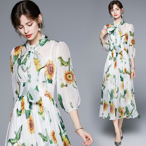 Summer and Autumn 3/4 Sleeve With Inner Tank <strong>Sunflower</strong> Print <strong>Long</strong> <strong>Dress</strong> - Product Image 2