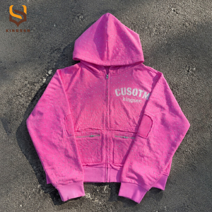 OEM Custom Logo Screen Print 100% Cotton Men's Sweatshirt Dual Pockets Rhinestone Vintage Wash Raw Edge Destroyed <b>Zip</b> <b>Up</b> <b>Hoodie</b> - Product Image 1